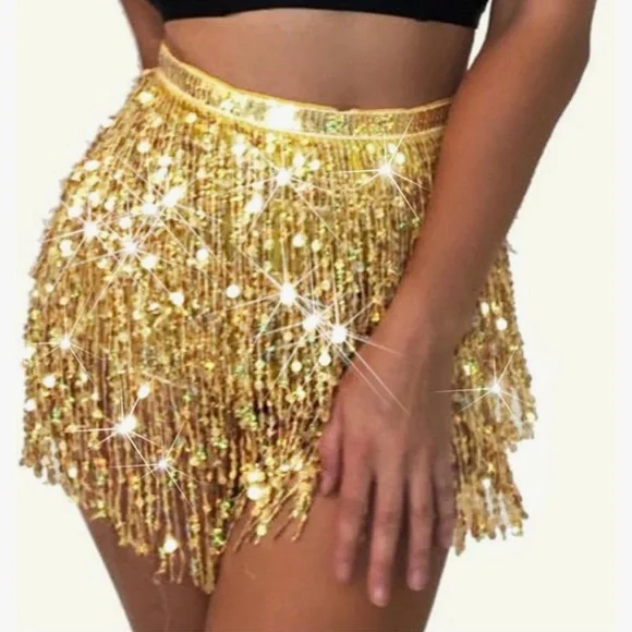 💖 BUY 2 for $15 💖 Boho Sequin Tassel Hip Scarf Multilayer Belly Dance Skirt - Picture 2 of 5
